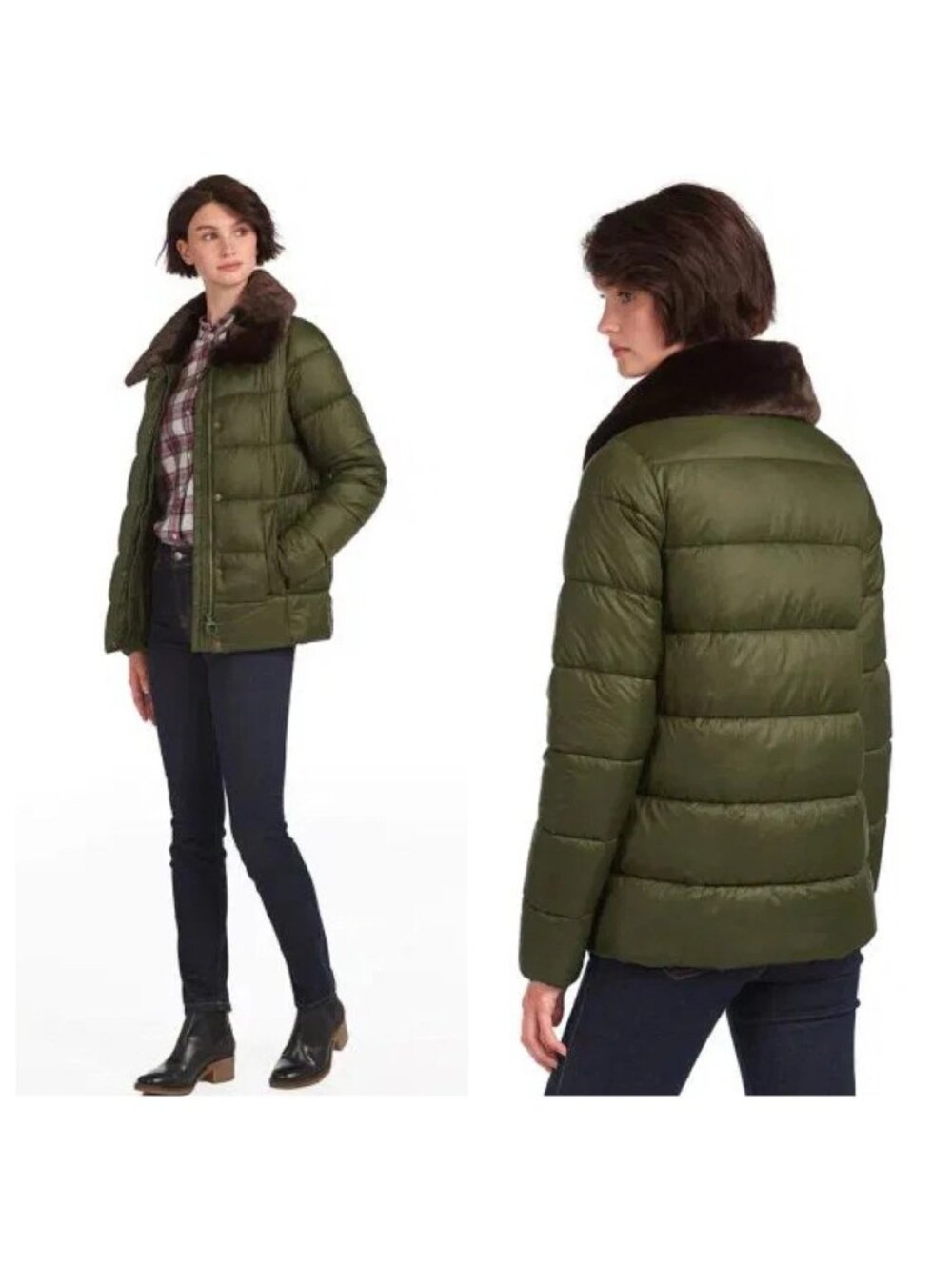 Barbour Mullein Faux Fur Trim Quilted Puffer Coat size 12 US color green $330